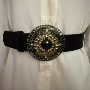 Black distressed PU leather circle buckle elastic waistband skinny belt